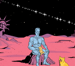 Elon musk sitting on the moon holding the constitution with a doge sitting beside him. In the background a fallen statue of liberty is shown alongside a destroyed city-scape.